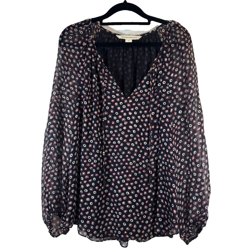 Diane von Furstenberg DVF 100% Silk Blouse Size 8 Long Sleeve Navy Lined D11